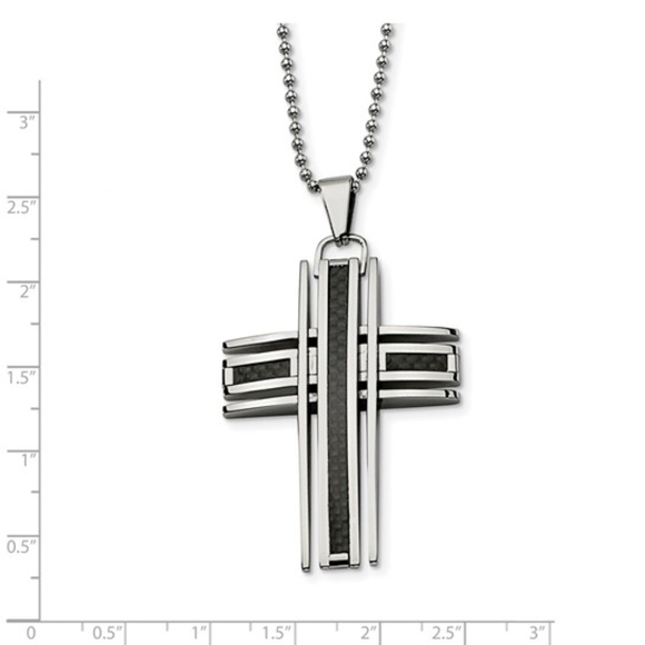 Chisel Stainless Steel Black Carbon Fiber Inlay Cross 24in Necklace - Picture 2 of 3